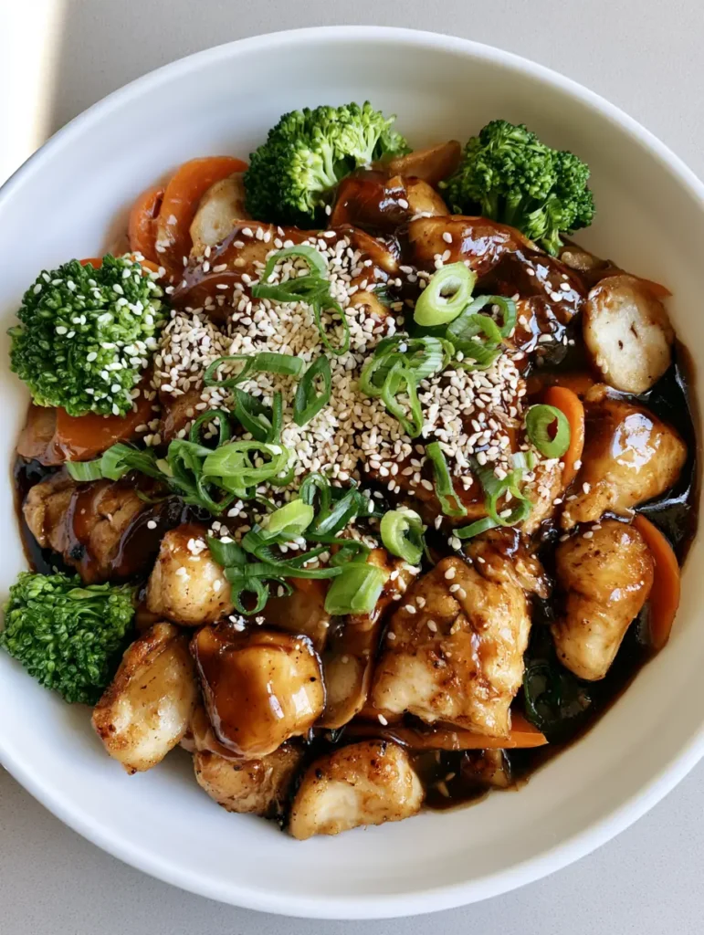 Chicken in Garlic Sauce: A Better-Than-Takeout Masterclass 1 Close up of glossy brown garlic sauce coating seared chicken breast, water chestnuts, and sesame seeds in a white bowl.