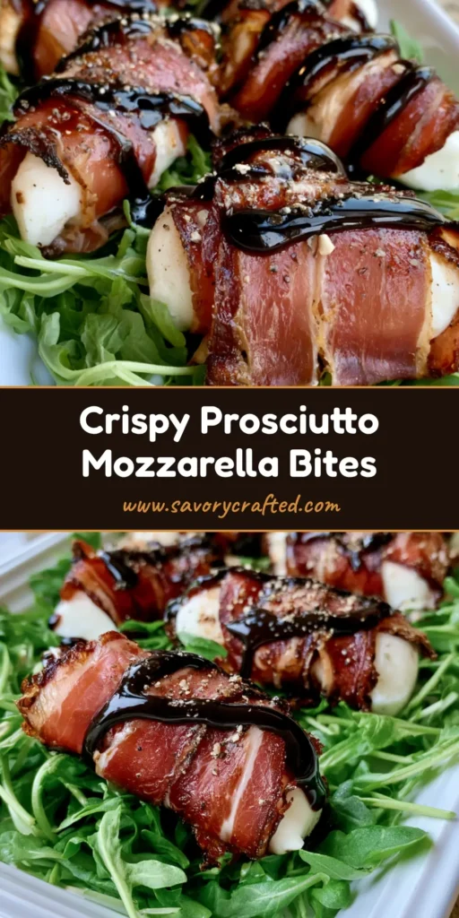 A smartphone photo of seared Prosciutto Wrapped Mozzarella Bites on a bed of arugula with a mahogany balsamic glaze zigzag drizzle on a white plate.