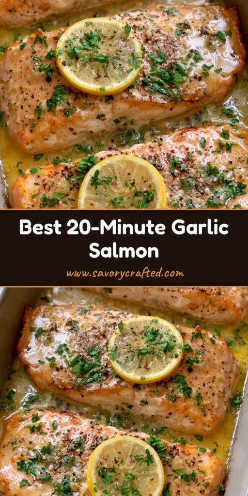 Thick baked Lemon Garlic Butter Salmon fillets in a grey dish with lemon slices and parsley.