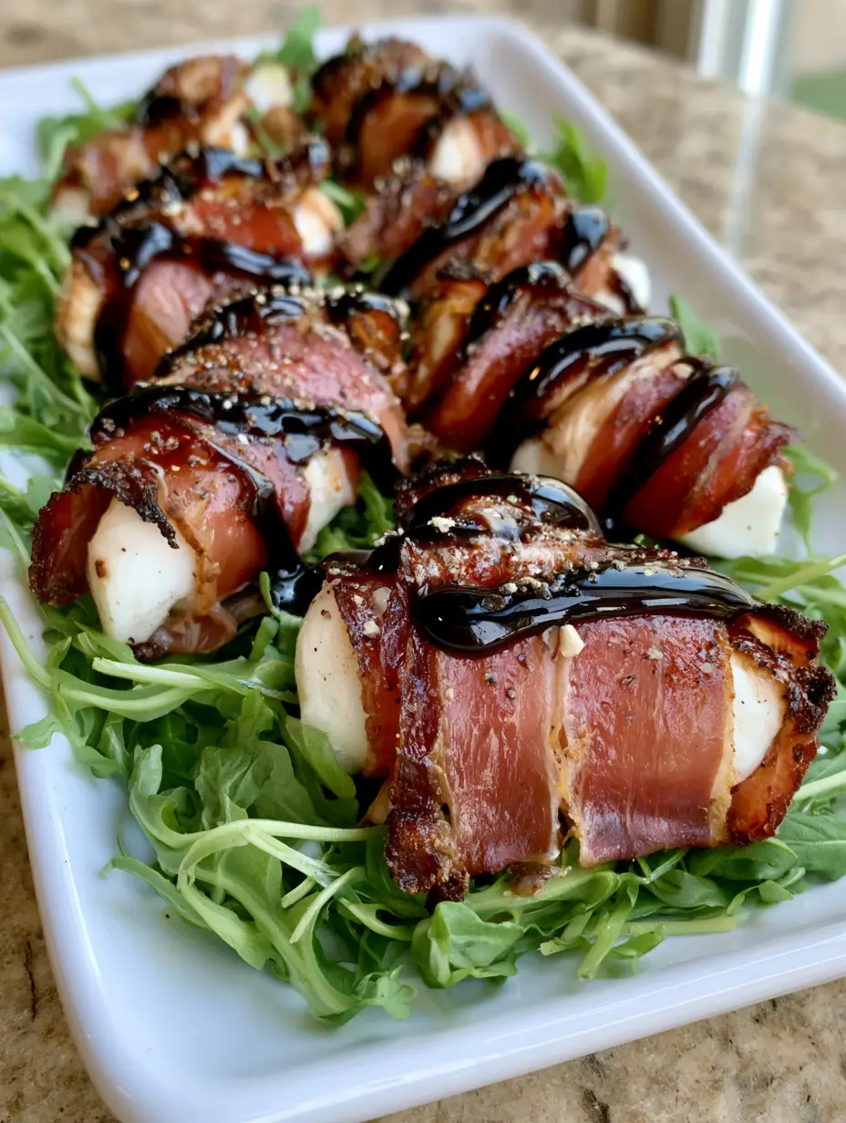 Close up view of Prosciutto Wrapped Mozzarella Bites showing the crispy reddish-brown seared edges and fresh white cheese.