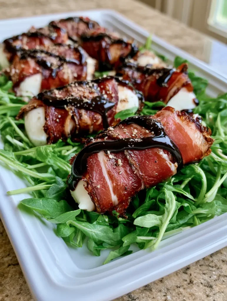 A handheld smartphone photo of a white rectangular ceramic plate featuring Prosciutto Wrapped Mozzarella Bites garnished with cracked black pepper.