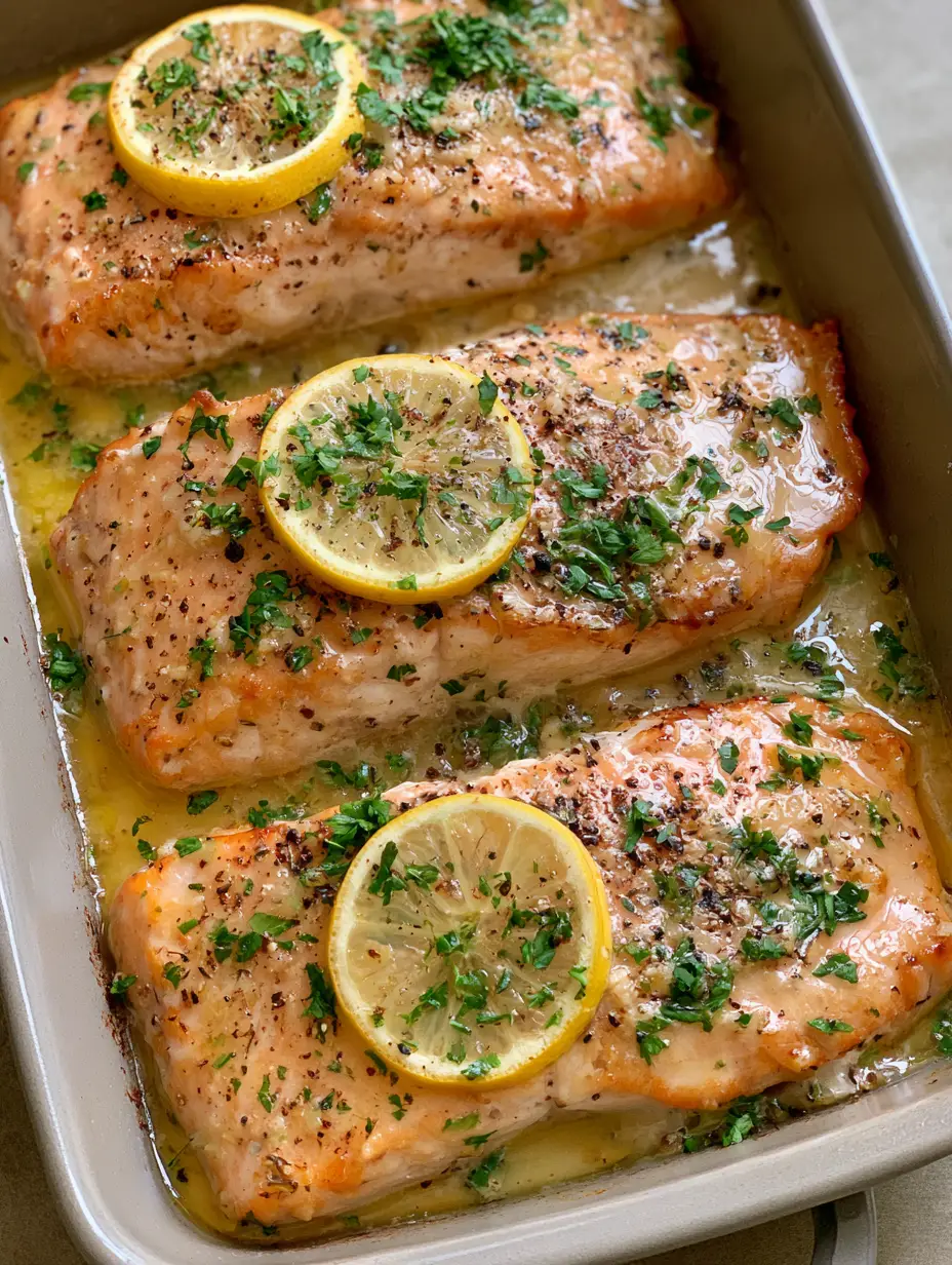 Close-up of baked salmon fillets with a thick golden-yellow garlic butter sauce and lemon rounds.