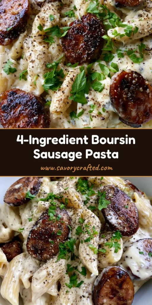 A top-down shot of Boursin Cheese Pasta with seared kielbasa rounds and fresh parsley in a white bowl. (Boursin Cheese Pasta)