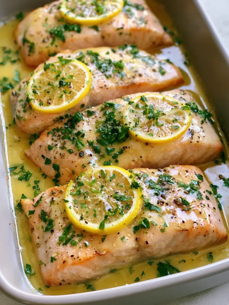 Opaque and flaky salmon fillets garnished with chopped parsley and cracked black pepper.