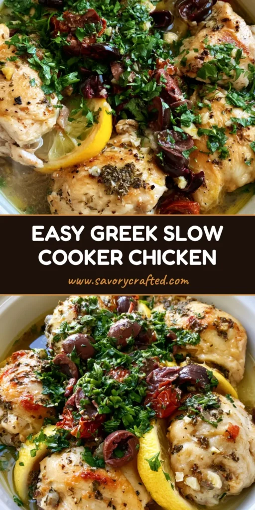 Slow Cooker Greek Chicken: Tender Lemon Herb Thighs and Breasts 4 A top-down view of Slow Cooker Greek Chicken in a white bowl with lemon slices, olives, and blistered tomatoes.