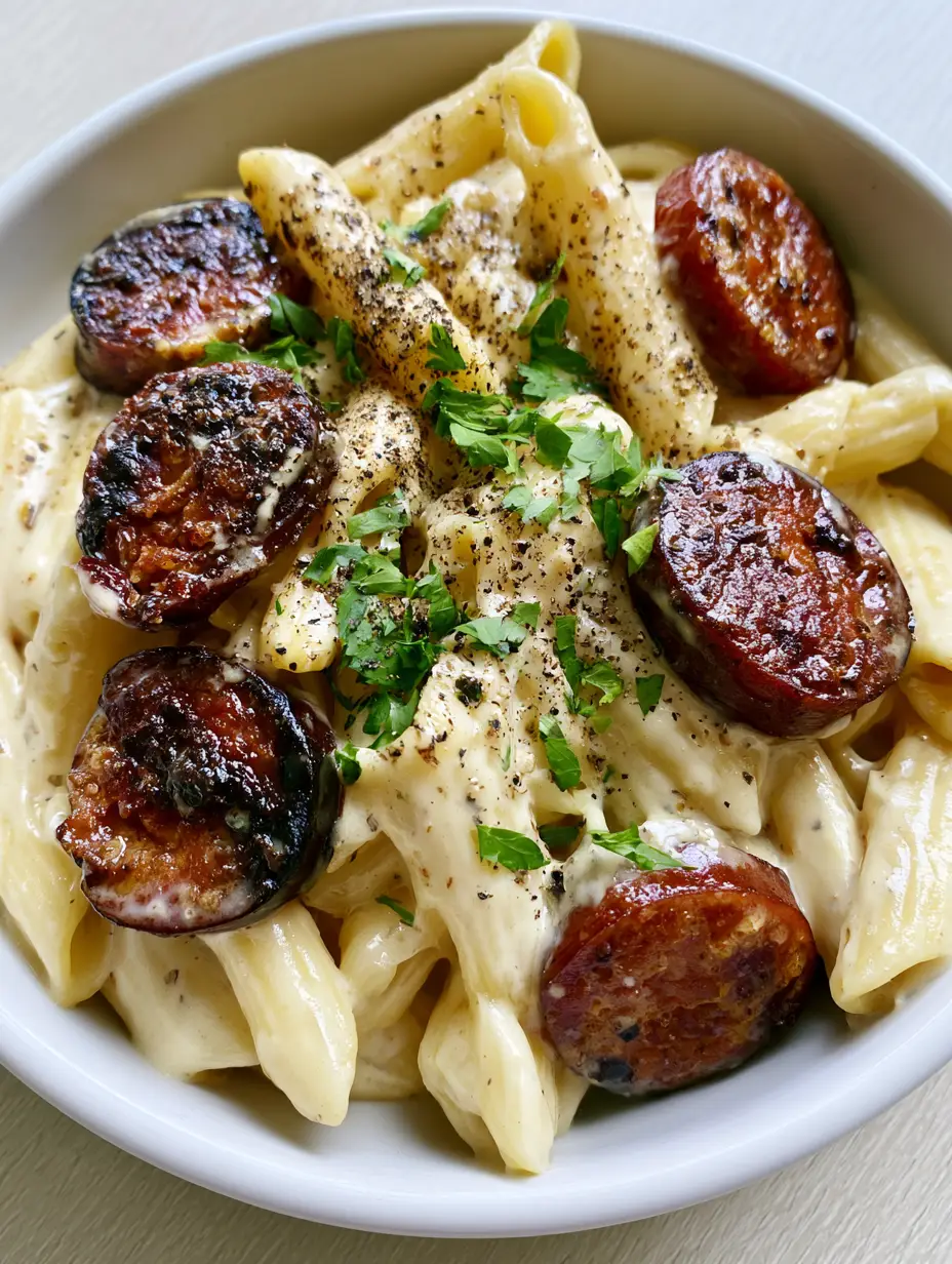 Close-up of glossy Boursin cheese sauce coating penne pasta and seared sausage. (Boursin Cheese Pasta)