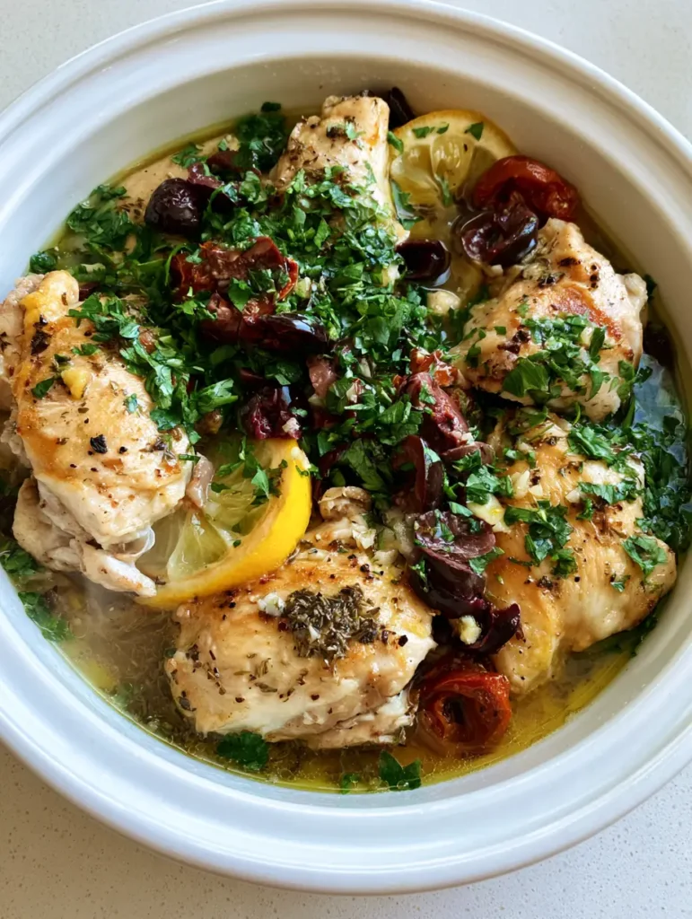 Slow Cooker Greek Chicken: Tender Lemon Herb Thighs and Breasts 2 A smartphone photo of Slow Cooker Greek Chicken showing golden-brown thighs and fresh herbs in a white ceramic bowl.