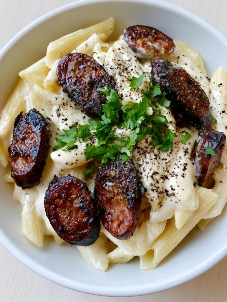 Slices of caramelized smoked kielbasa nestled in creamy penne pasta with black pepper. (Boursin Cheese Pasta)