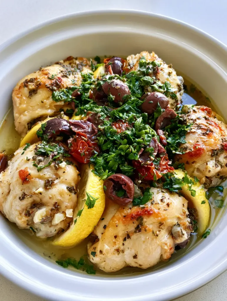 Slow Cooker Greek Chicken: Tender Lemon Herb Thighs and Breasts 1 Close up of Slow Cooker Greek Chicken with thin lemon herb sauce, olives, and garlic bits.