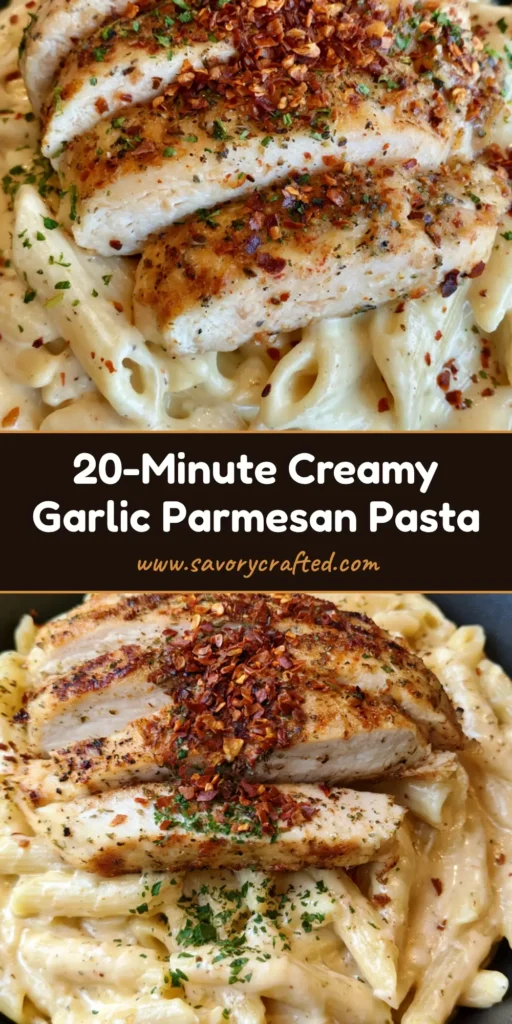 A handheld smartphone photo of Creamy Garlic Parmesan Chicken Pasta in a dark matte ceramic bowl with thick ivory sauce and seared chicken slices.