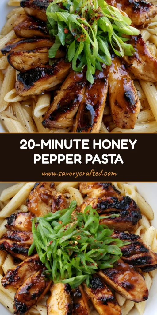 A shallow white bowl filled with Honey Pepper Chicken Pasta, featuring charred golden chicken and glossy amber glaze garnished with green onions and chili flakes.