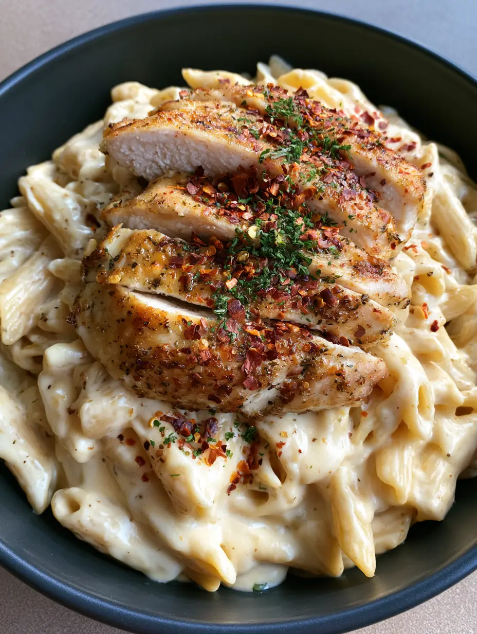 Close up shot of Creamy Garlic Parmesan Chicken Pasta showing the glossy sauce and golden-brown seared chicken.