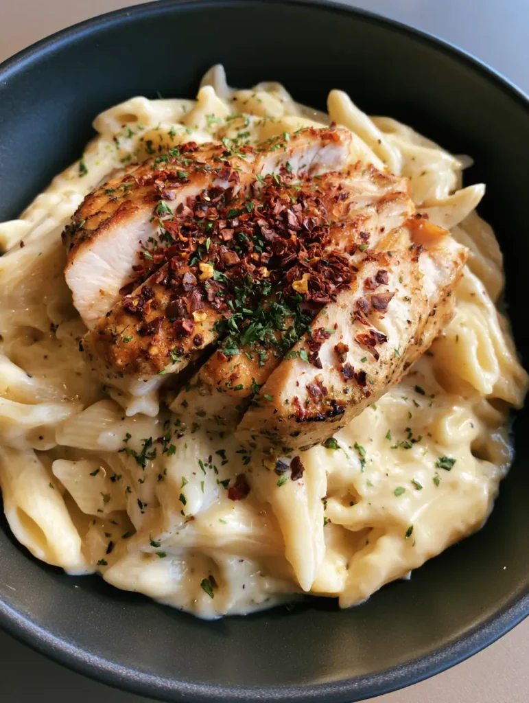 Top down view of a bowl of Creamy Garlic Parmesan Chicken Pasta garnished with red pepper flakes and parsley.