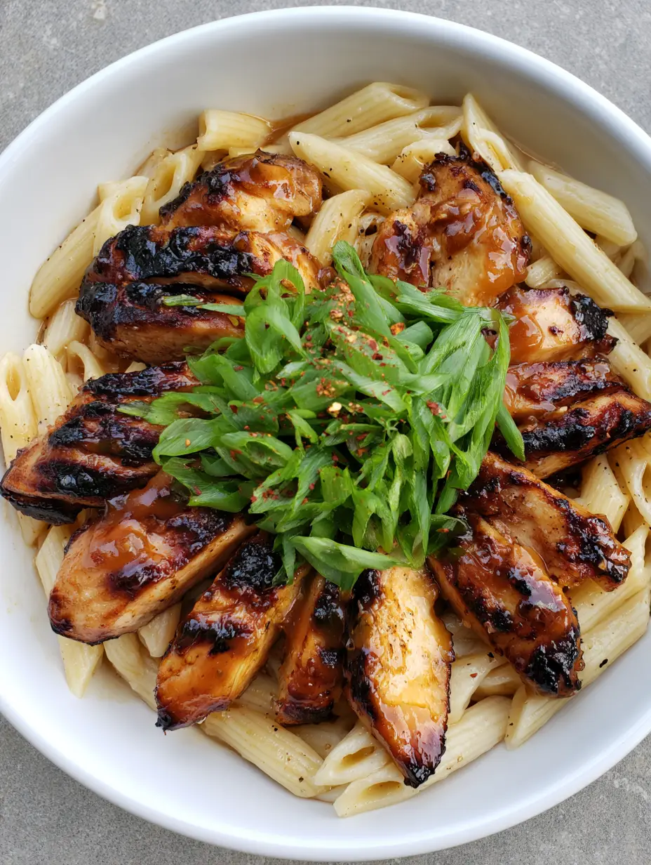 Top-down close-up of Honey Pepper Chicken Pasta showing sliced pan-seared chicken with charred edges and visible cracked black pepper.