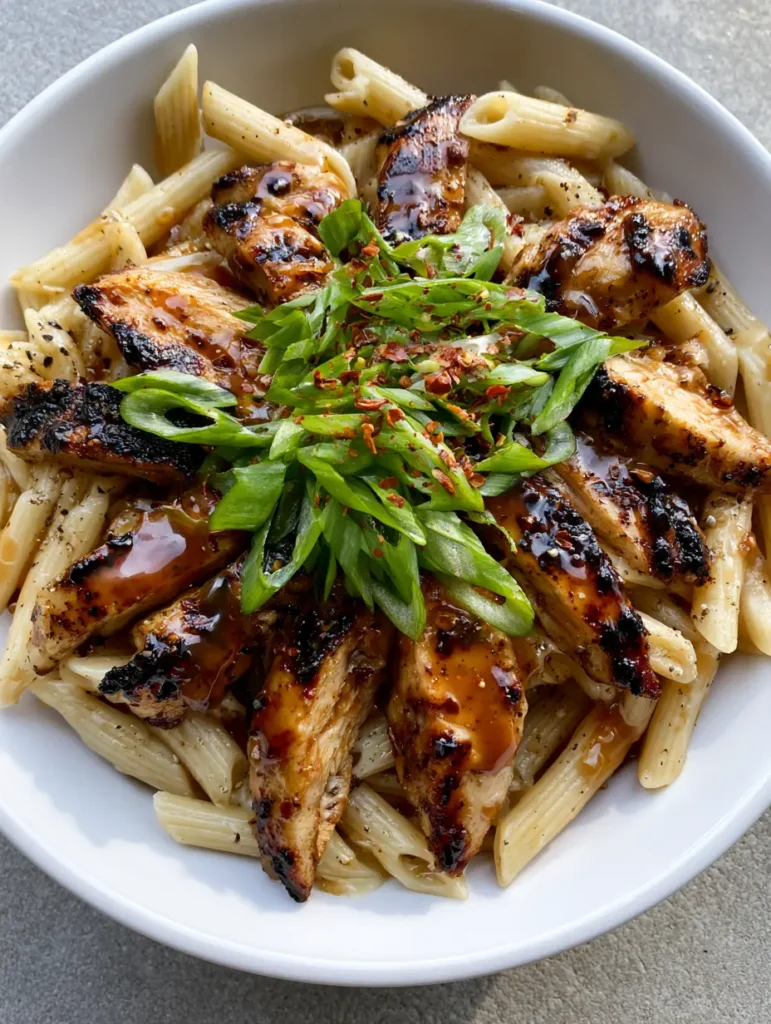 A bowl of penne pasta and sliced chicken breast coated in a translucent savory sauce with bright green scallions and red pepper flakes.