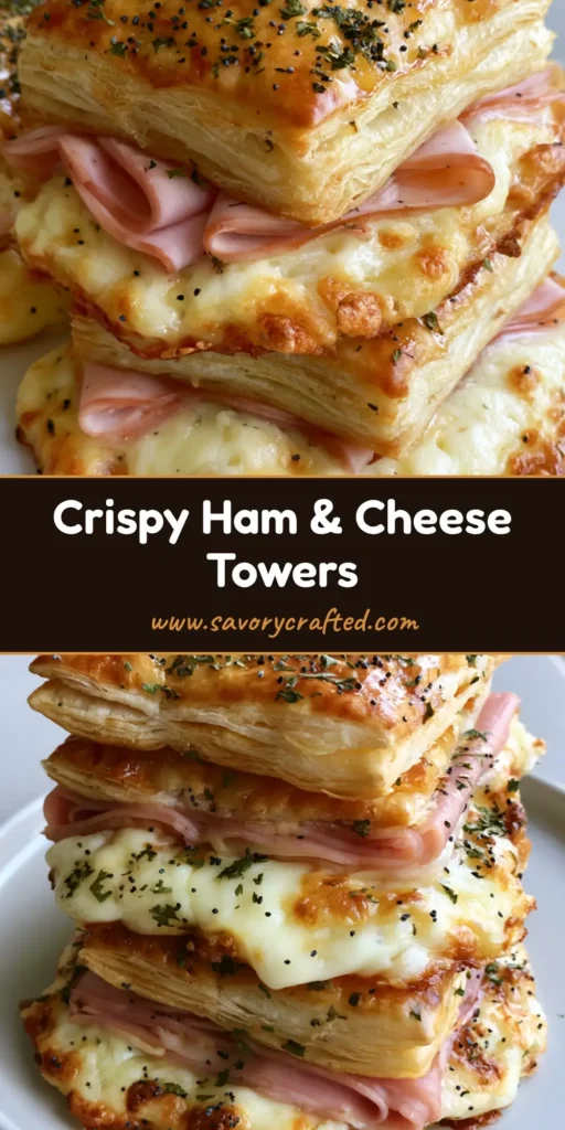 A vertical stack of Ham and Cheese Puff Pastry towers showing three flaky layers, melted Swiss cheese, and poppy seed topping.