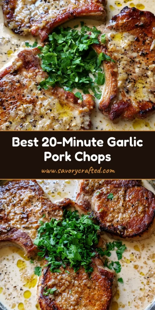 Top-down photo of three thick-cut Creamy Garlic Pork Chops in a cast iron skillet with a golden crust and ivory cream sauce.