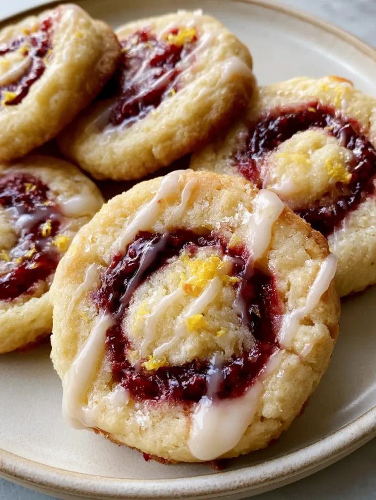 Lemon Raspberry Cookies: The Ultimate Soft-Baked Citrus Treat 1 A batch of Lemon Raspberry Cookies featuring translucent icing drizzle and fine sugar dusting.