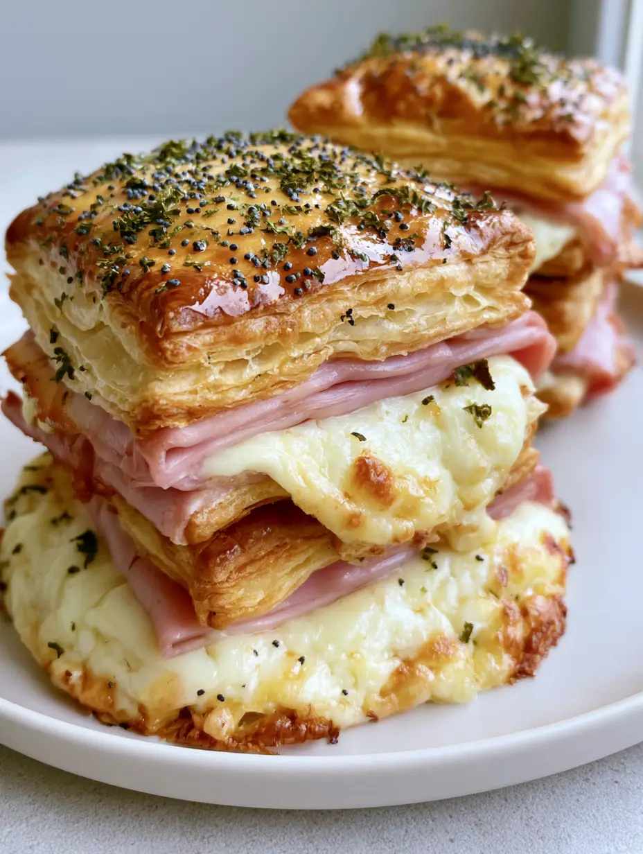 Close up handheld photo of golden-brown Ham and Cheese Puff Pastry towers on a white plate.