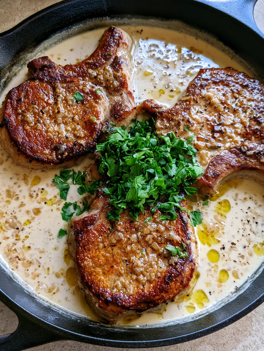 A handheld smartphone photo of three golden-brown Creamy Garlic Pork Chops submerged in a bubbly garlic cream sauce in a skillet.