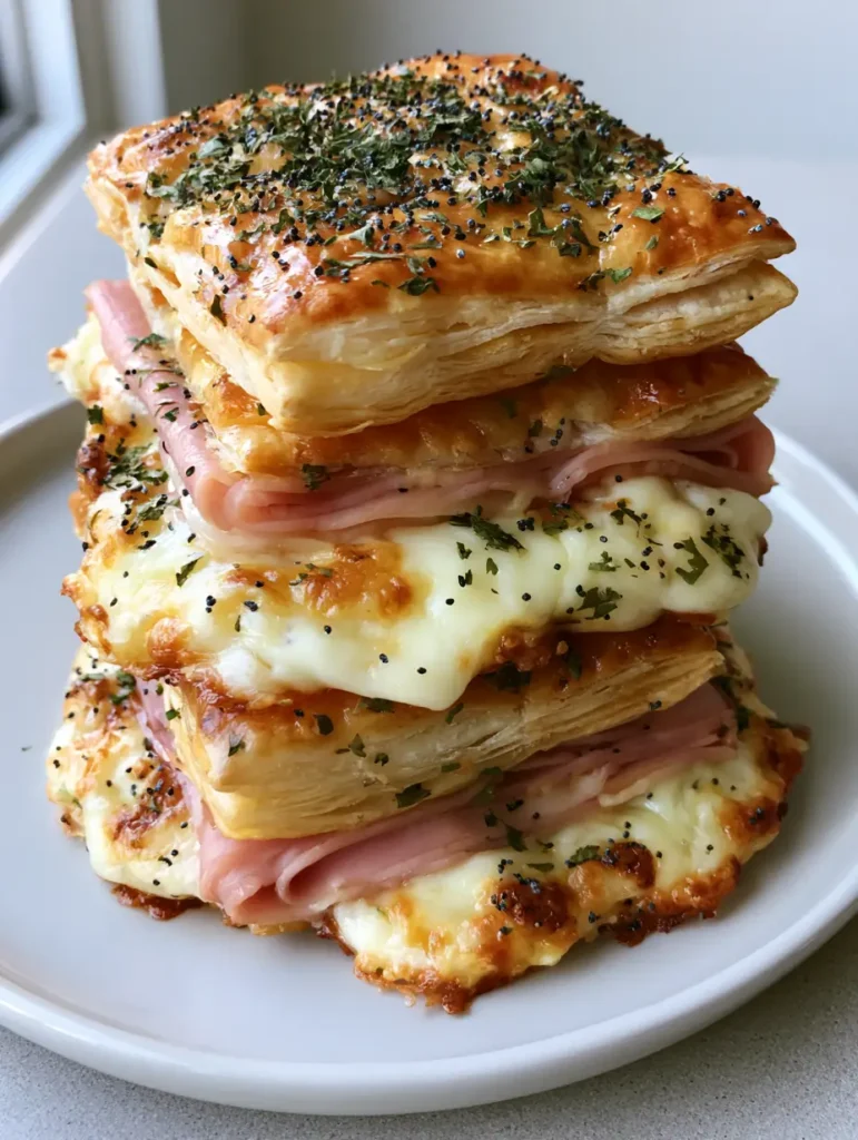 Smartphone photo showing the bubbly Swiss cheese and crispy edges of the Ham and Cheese Puff Pastry.