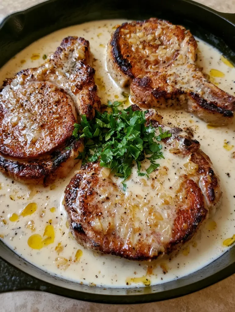 Close-up of thick garlic cream sauce with minced sautéed garlic, cracked pepper, and fresh parsley over seared pork chops.