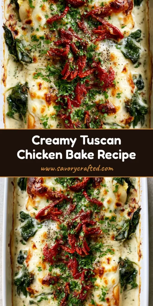 Baked Tuscan Chicken Casserole: The Creamiest 30-Minute Dinner 4 A top-down view of a Baked Tuscan Chicken Casserole in a white dish, featuring bubbly golden mozzarella, sun-dried tomatoes, and spinach.