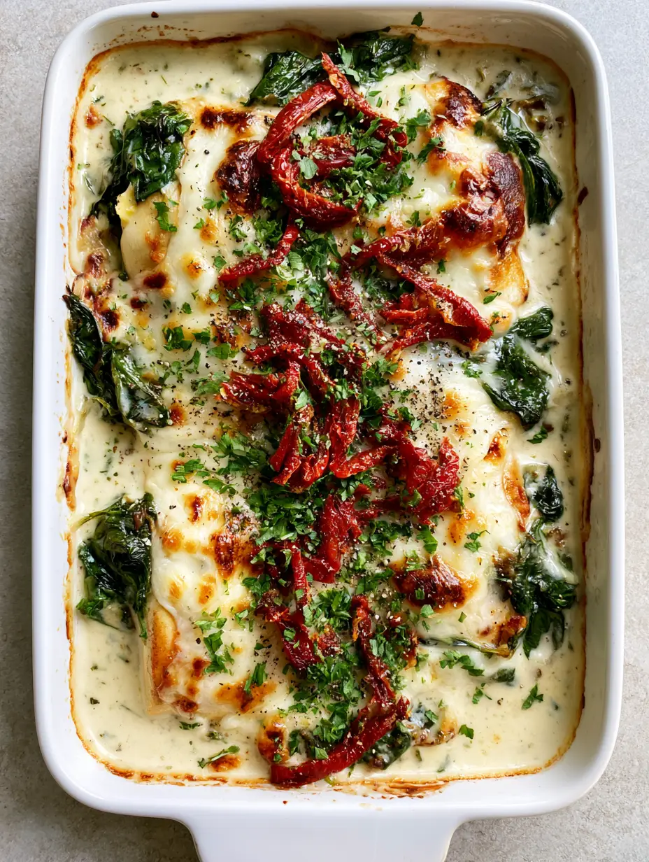 Baked Tuscan Chicken Casserole: The Creamiest 30-Minute Dinner 3 Close up of seared chicken breasts submerged in a creamy garlic ivory sauce for Baked Tuscan Chicken Casserole.