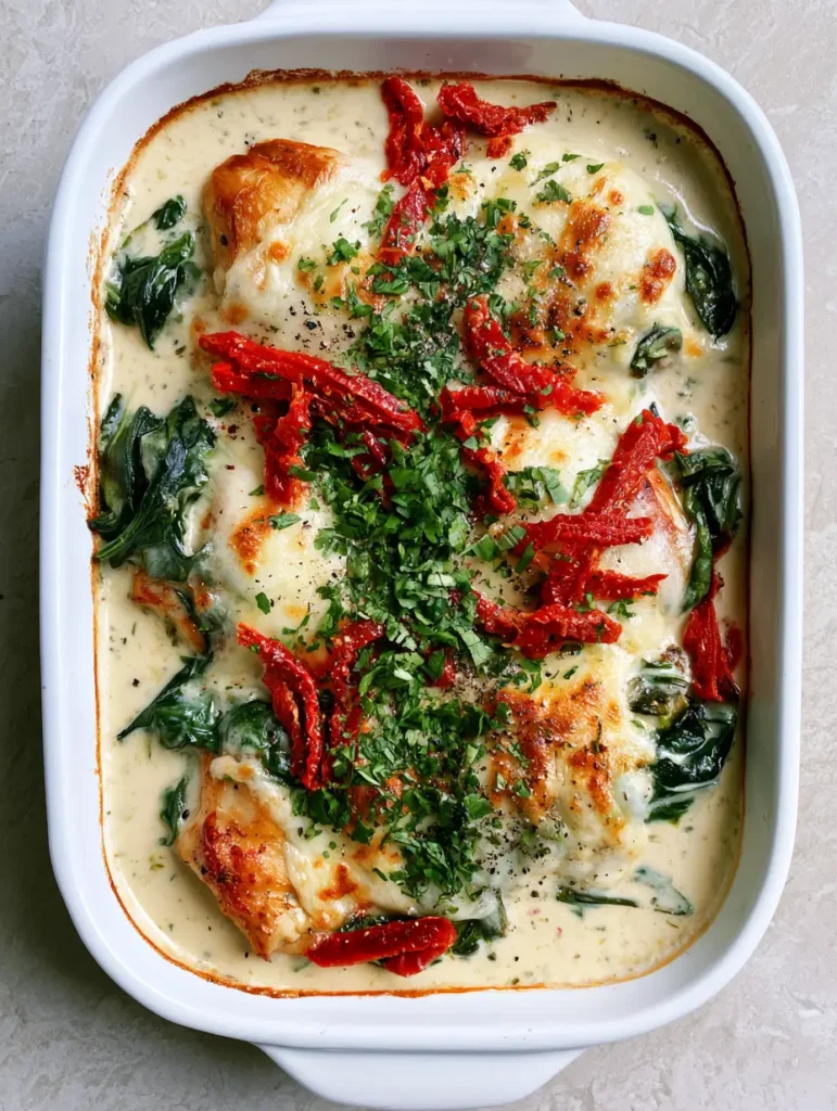 Baked Tuscan Chicken Casserole: The Creamiest 30-Minute Dinner 1 Finished Baked Tuscan Chicken Casserole with melted mozzarella cheese and fresh parsley garnish.