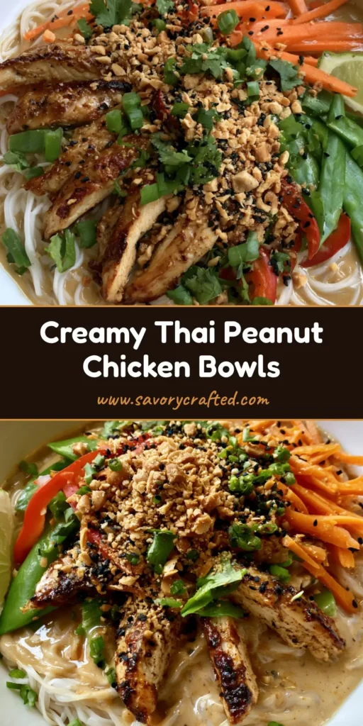 A handheld smartphone photo of Thai Peanut Chicken Noodle Bowls featuring creamy sauce, seared chicken, and vibrant vegetables in a white bowl.