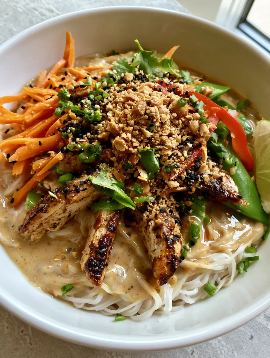 Close up of Thai Peanut Chicken Noodle Bowls showing the glossy peanut sauce and browned chicken edges.