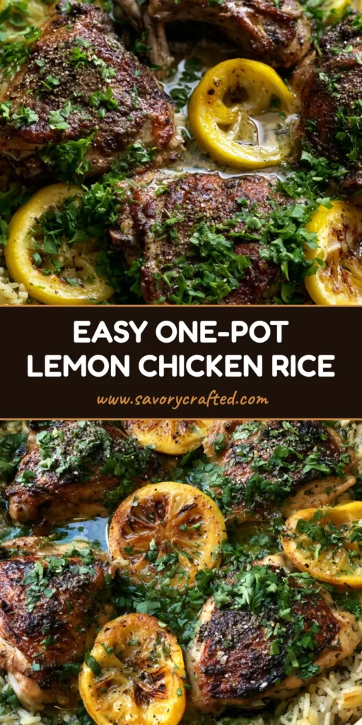 A top-down view of Slow Cooker Lemon Herb Chicken and Rice with crispy skin thighs and charred lemon slices in a ceramic pot.