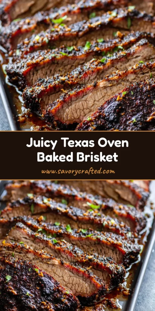 Thick slices of Oven Baked Beef Brisket with a heavy black pepper bark arranged on a black metal tray.
