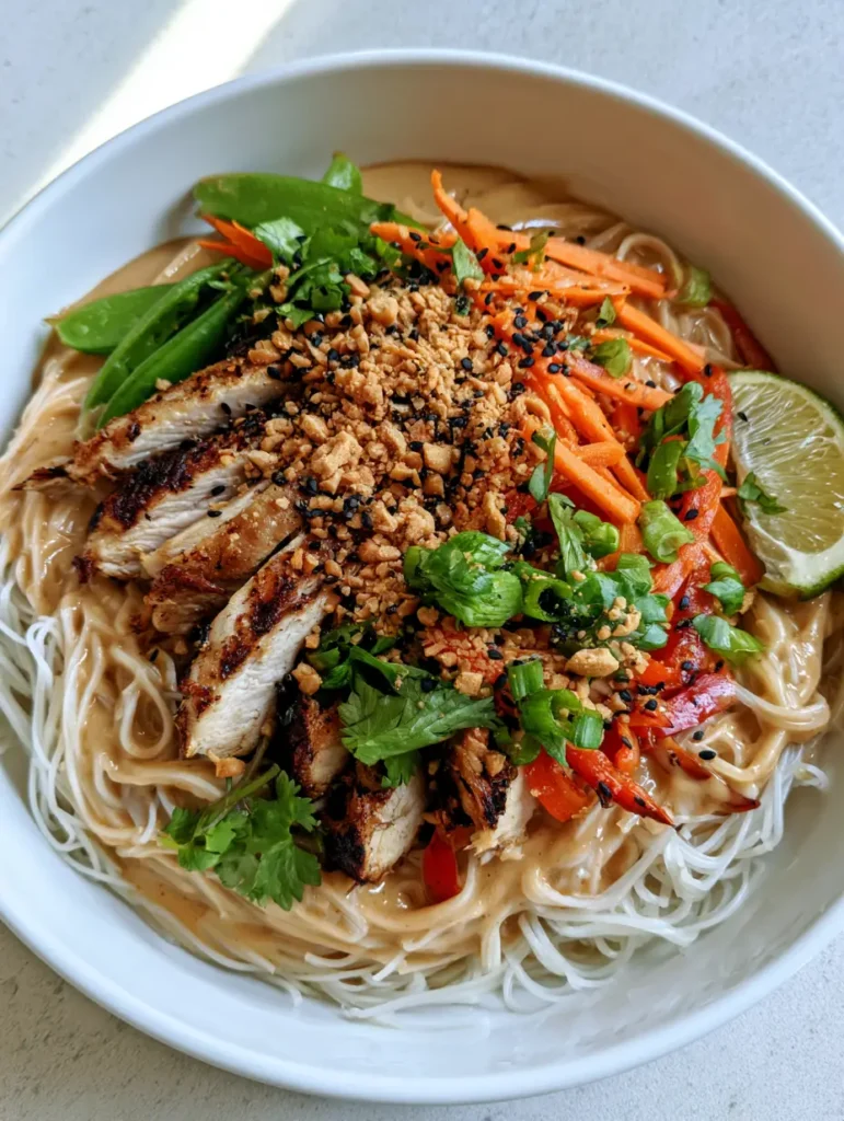 Overhead view of Thai Peanut Chicken Noodle Bowls with fresh cilantro, crushed peanuts, and lime wedges.