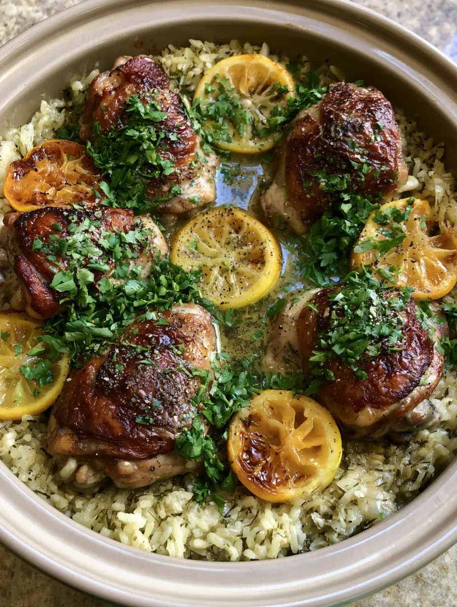 Close-up of fluffy seasoned long-grain rice topped with golden seared chicken thighs and flat-leaf parsley. (Slow Cooker Lemon Herb Chicken and Rice)