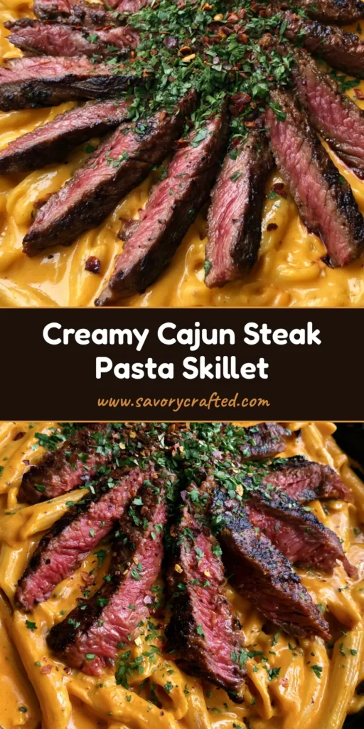 A handheld smartphone photo of a black cast iron skillet filled with cheesy Cajun steak pasta. Seared steak strips with medium-rare pink centers sit atop orange cream sauce and penne.