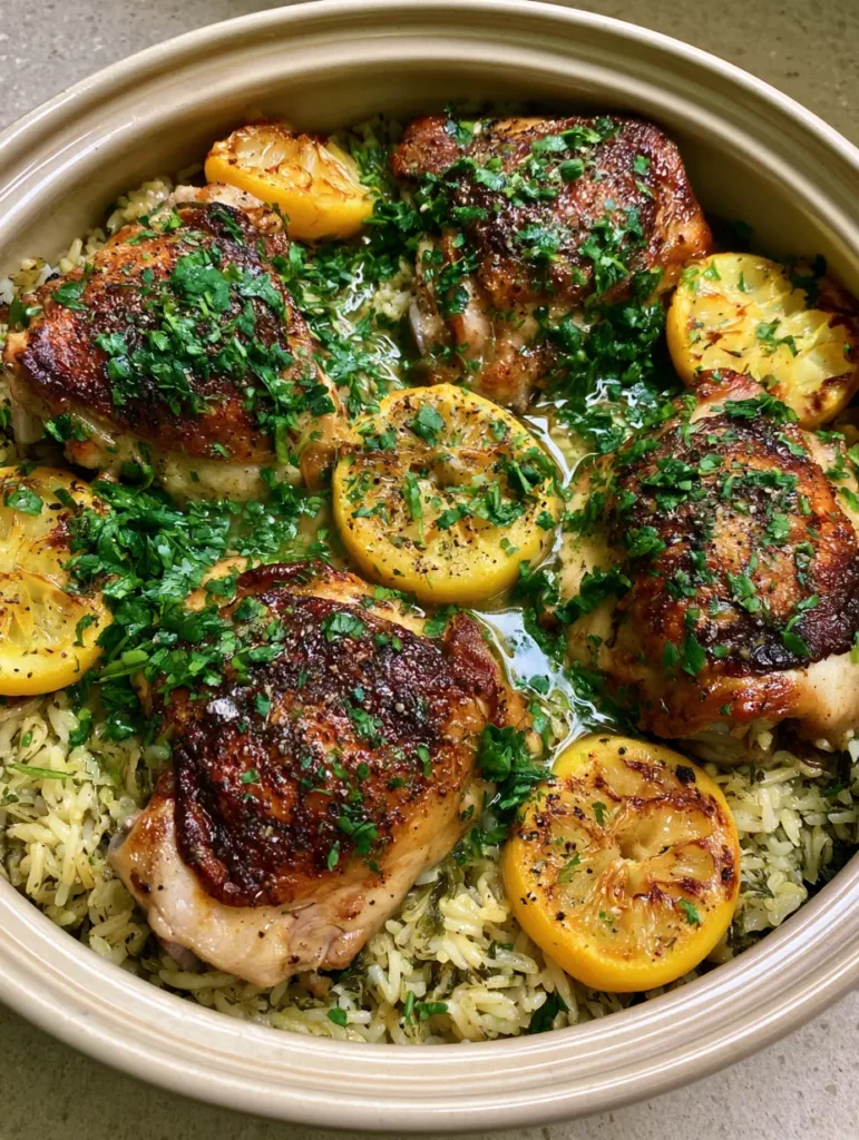 Handheld shot of the finished Slow Cooker Lemon Herb Chicken and Rice showing the glistening herb sauce and charred lemons.