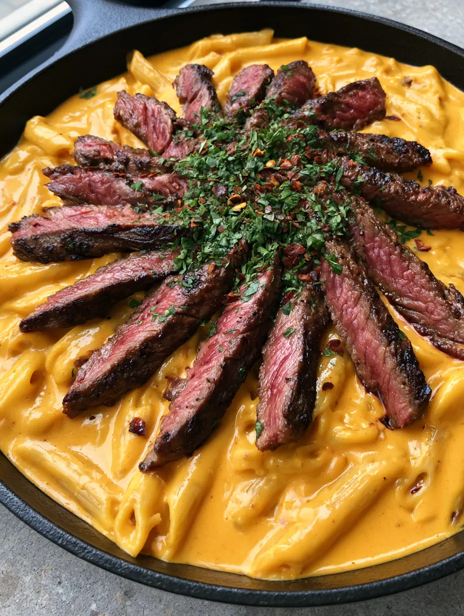 Close up view of seared steak slices over orange Cajun cream sauce and penne pasta in a skillet. (Cajun Steak Pasta)