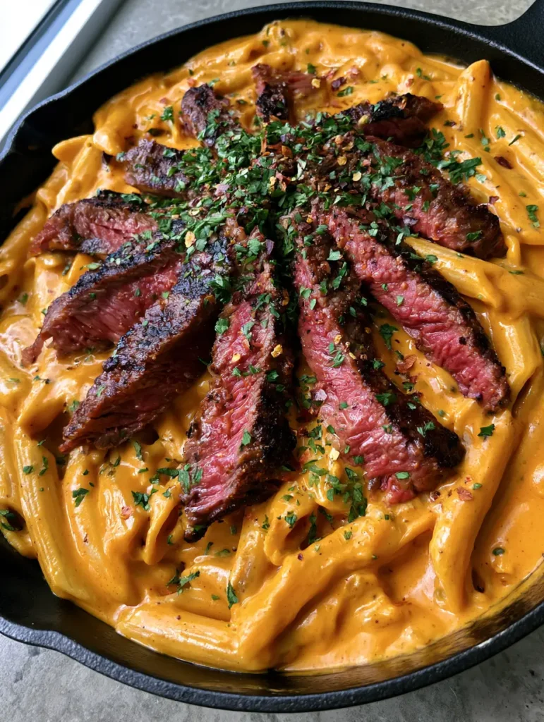 Overhead shot of Cajun Steak Pasta in a cast iron skillet garnished with fresh parsley and red chili flakes.