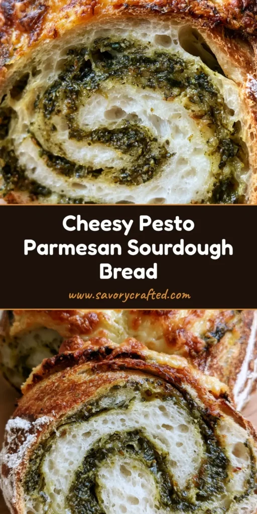 A tall, vertical shot of sliced Pesto Parmesan Sourdough showing marbled green swirls and a charred cheese crust.