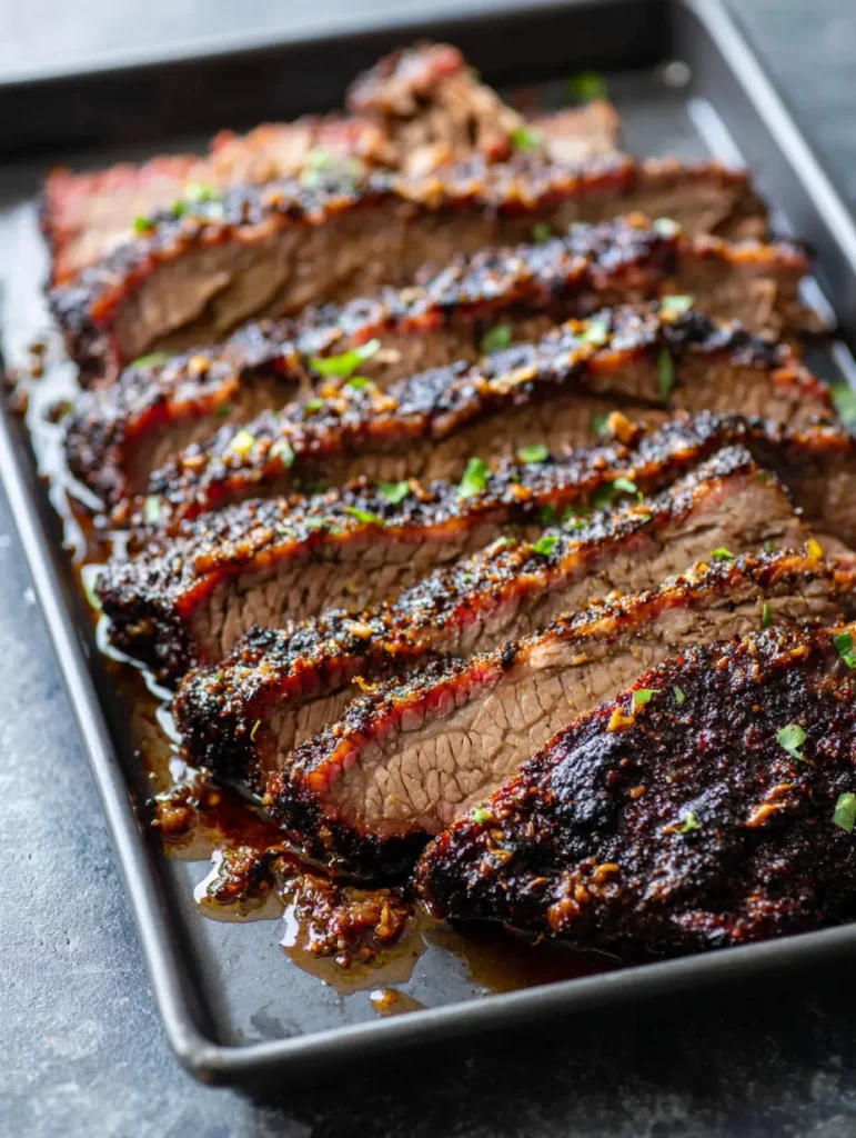 A close-up view of moist and glistening Oven Baked Beef Brisket slices showing a fibrous texture and dark charred crust.