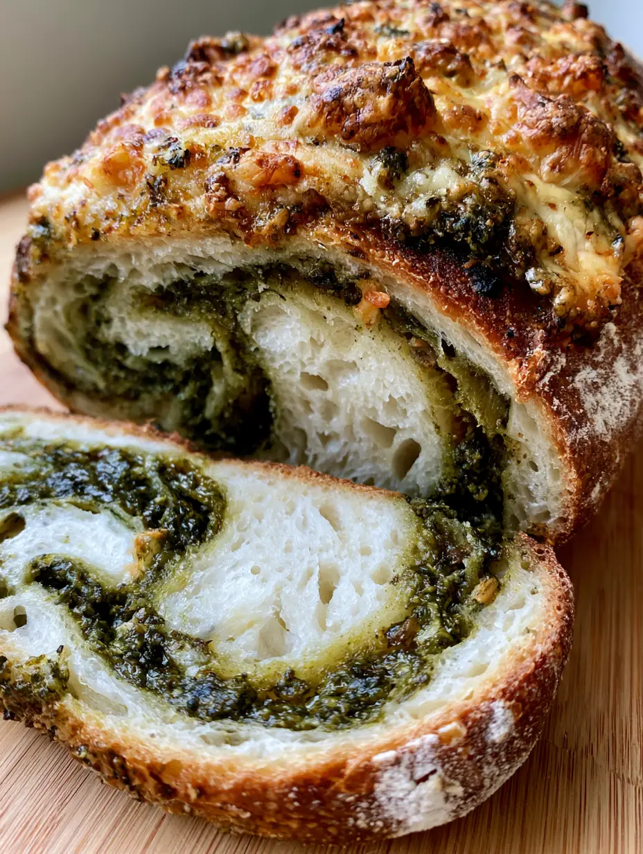 Smartphone photo of sliced Pesto Parmesan Sourdough with airy crumb and dark green pesto swirls.