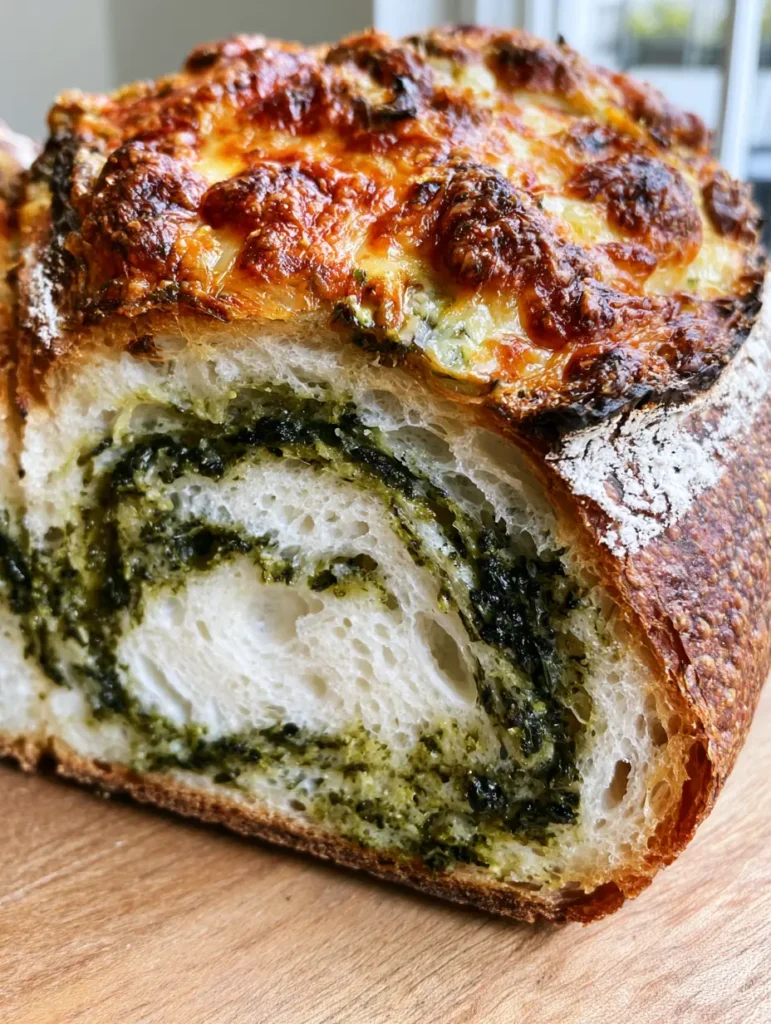 Close up of the charred Parmesan crust and white flour dusting on a Pesto Parmesan Sourdough loaf.