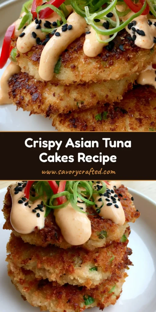 A stack of three golden-brown Asian Tuna Cakes with a crispy panko crust, sriracha mayo drizzle, and red chili garnishes on a white plate.