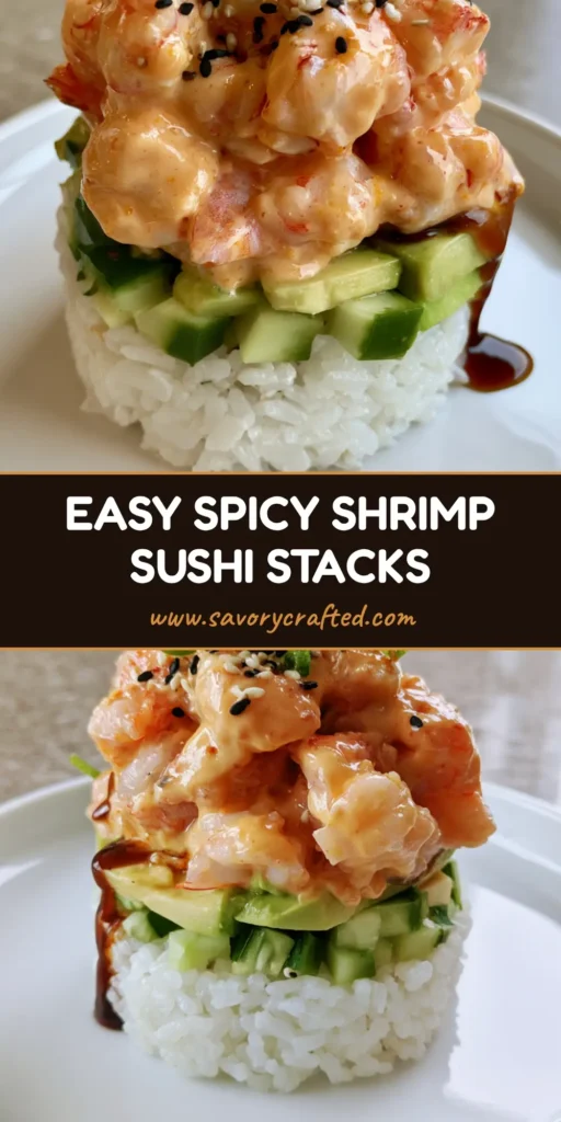 Spicy Shrimp Sushi Stacks: The Ultimate Deconstructed Gourmet Roll 4 A tall, gourmet Spicy Shrimp Sushi Stack with layers of white rice, green avocado, and orange spicy shrimp on a white plate.