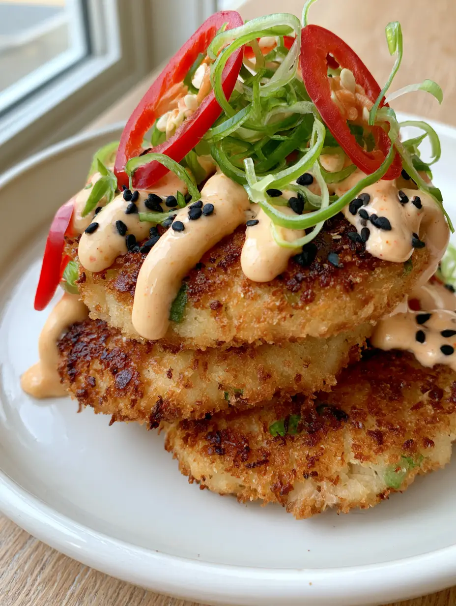 Close-up handheld photo of golden-brown Asian Tuna Cakes with visible green onions and panko texture.