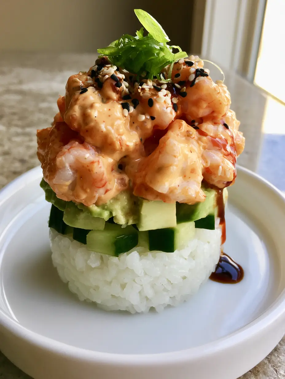 Spicy Shrimp Sushi Stacks: The Ultimate Deconstructed Gourmet Roll 3 Close up view of a Spicy Shrimp Sushi Stack showing the glossy orange sriracha mayo and sesame seeds.