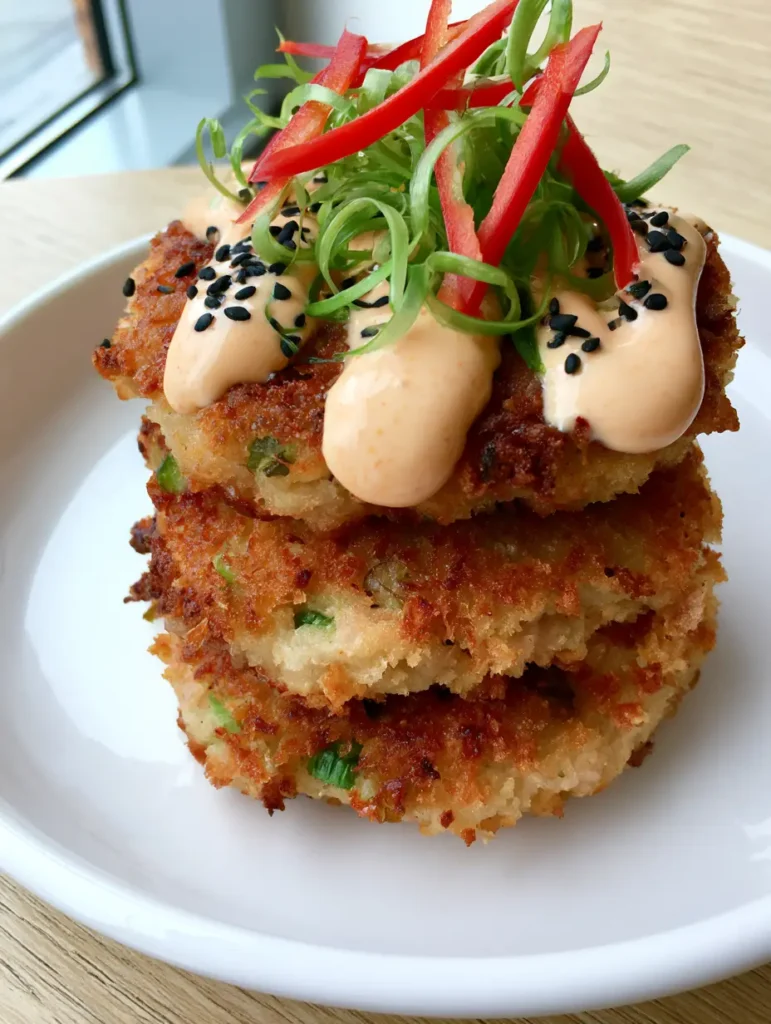 Three pan-fried Asian Tuna Cakes stacked on a white plate with curled scallions and sriracha mayo.