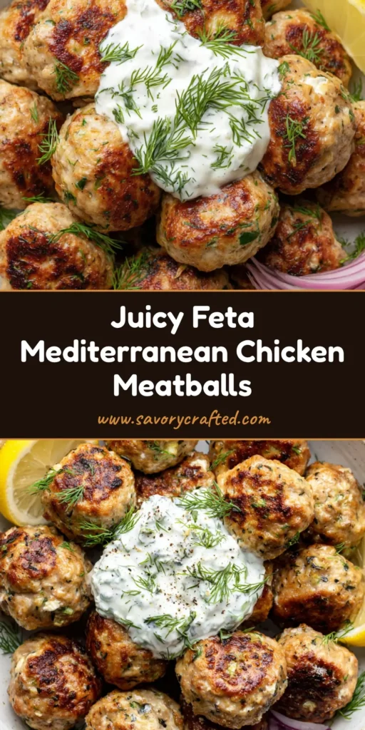 A close-up of Mediterranean Chicken Meatballs in a white bowl with tzatziki, dill, and lemon wedges.