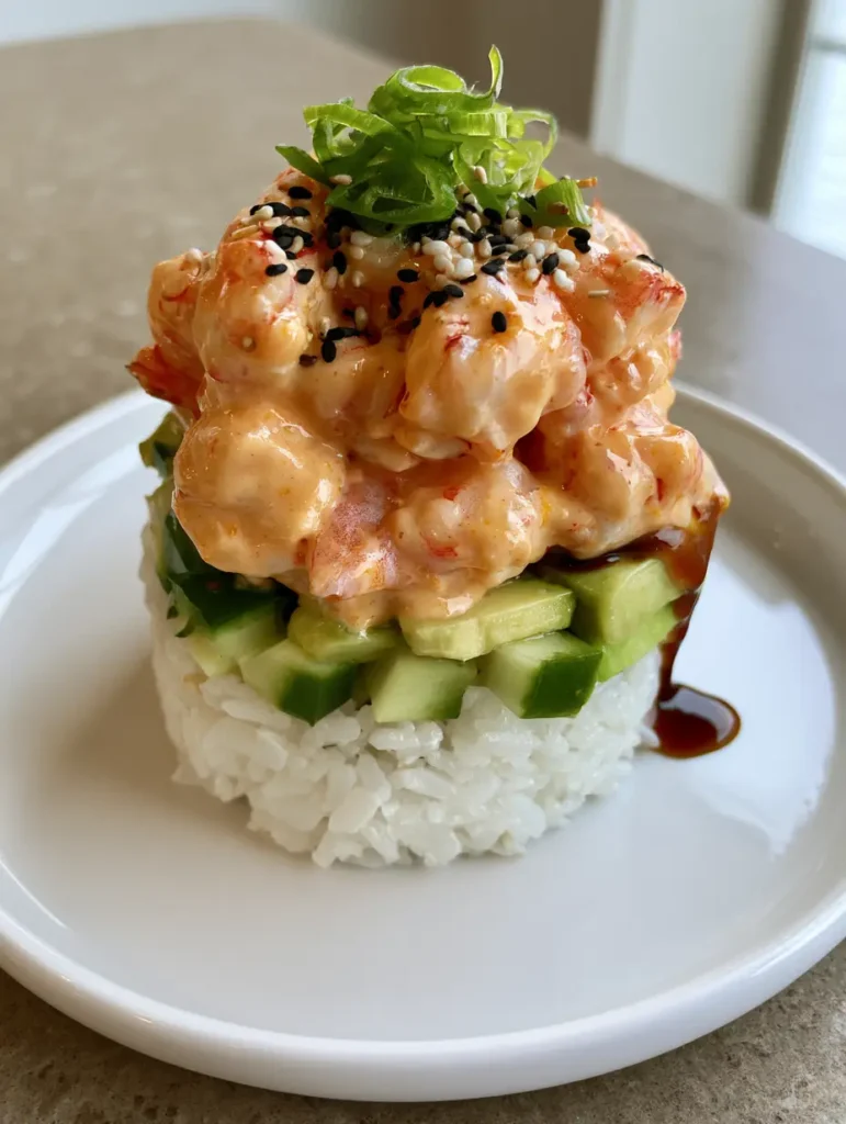 Spicy Shrimp Sushi Stacks: The Ultimate Deconstructed Gourmet Roll 1 Smartphone photo of Spicy Shrimp Sushi Stacks on a stone countertop with natural lighting.